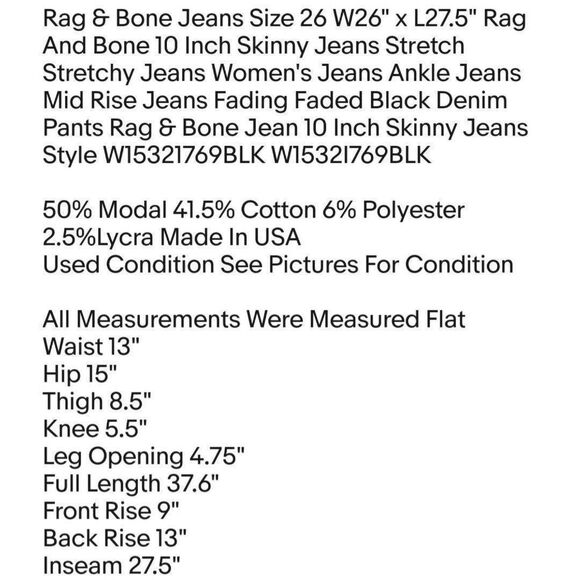 Rag & Bone Jeans Size 26 W26" x L27.5" Rag And Bone 10 Inch Skinny Jeans Stretch - Picture 2 of 8
